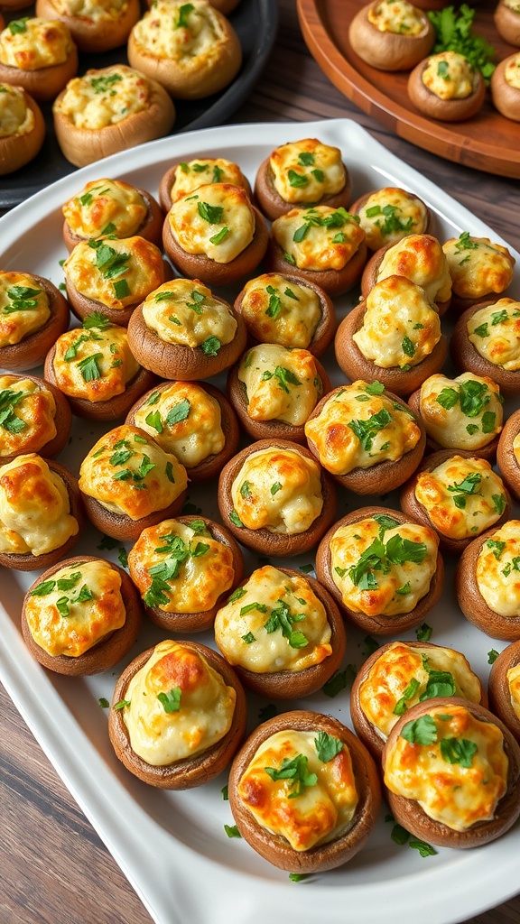 A close-up of stuffed mushrooms on a wooden platter, showing their golden tops and creamy filling, ideal for appetizing party appetizers.
